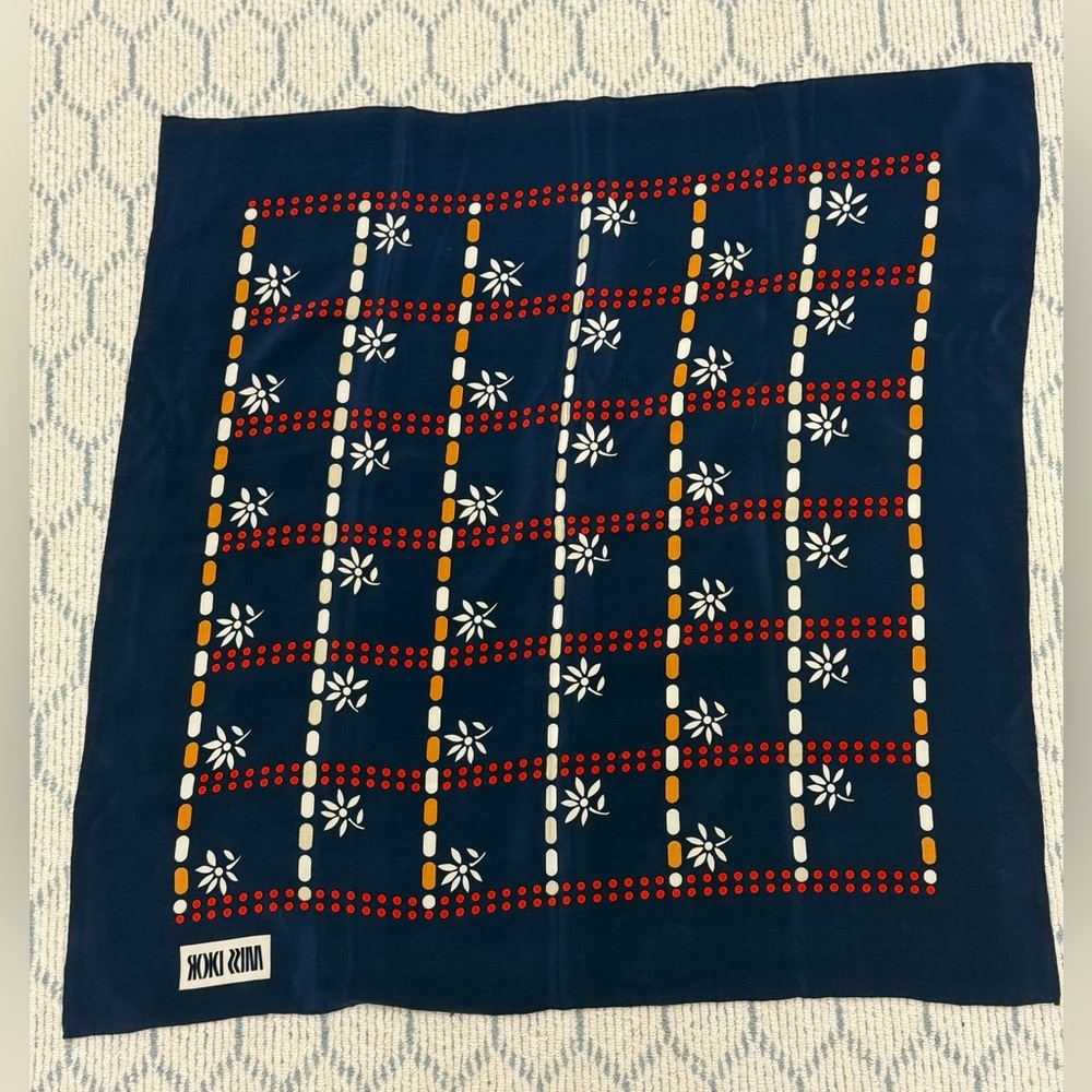 CHRISTIAN DIOR Vintage Y2K 70’s 100% Silk Navy/Multicolor Geometric Floral Scarf - Picture 11 of 11
